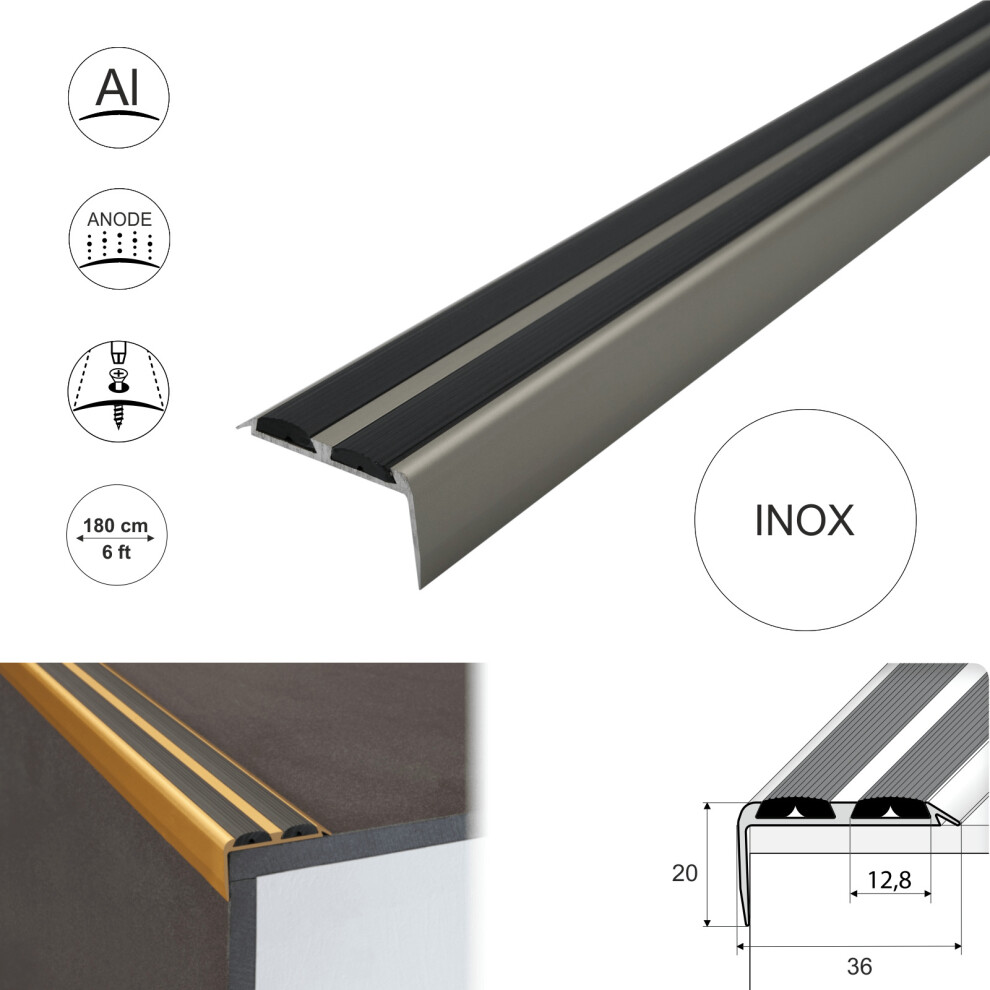 (Inox With Rubber Insert, 1.8M) A37 Aluminium Non Slip Rubber Stair Nosing Trim 705632513484