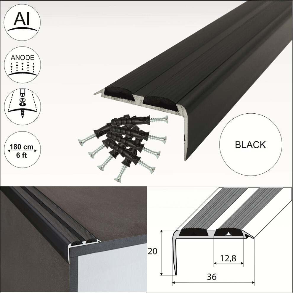 (Black With Rubber Insert, 0.9m) A37 Aluminium Non Slip Rubber Stair Nosing Trim