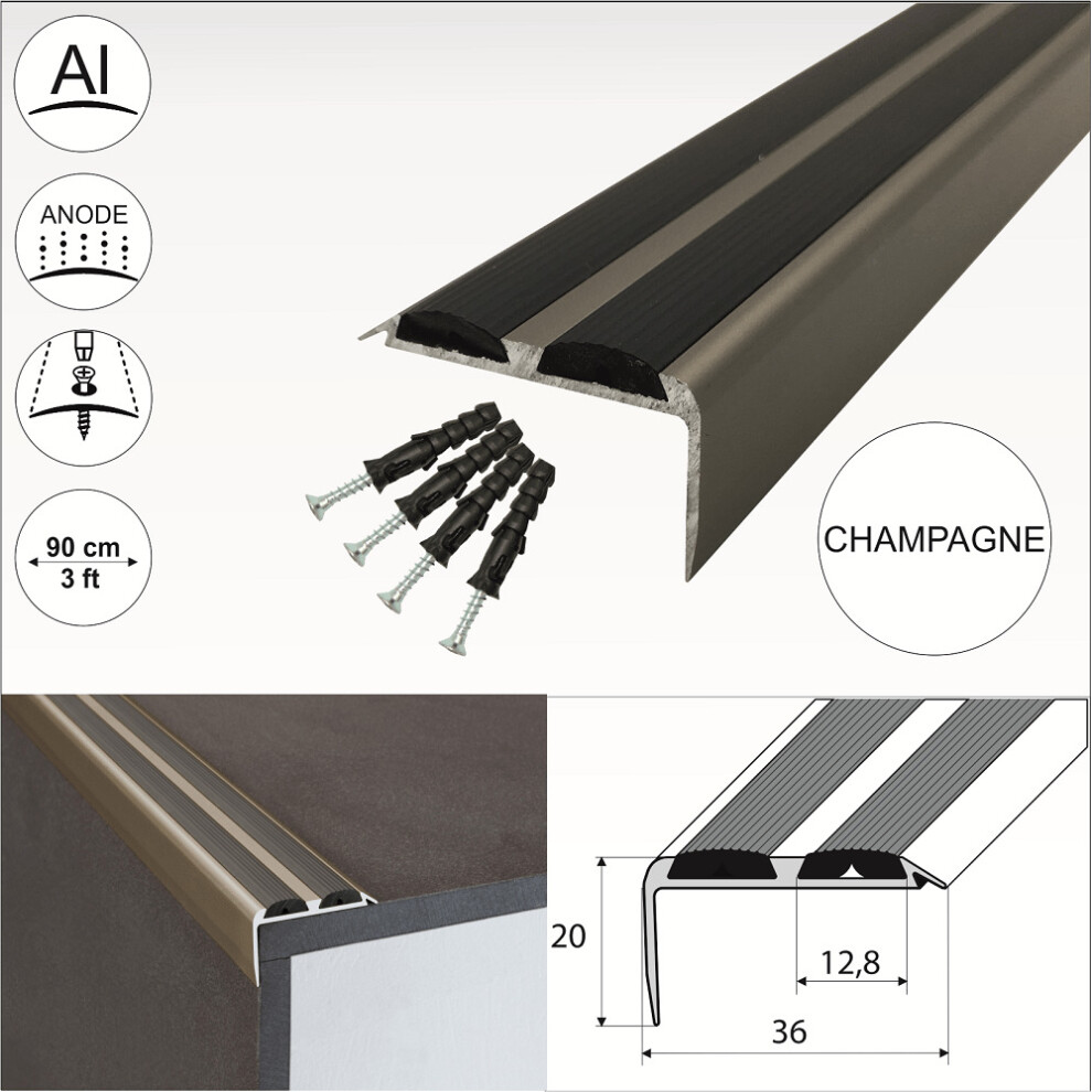 (Champagne With Rubber Insert, 0.9M) A37 Aluminium Non Slip Rubber Stair Nosing Trim 705632513446