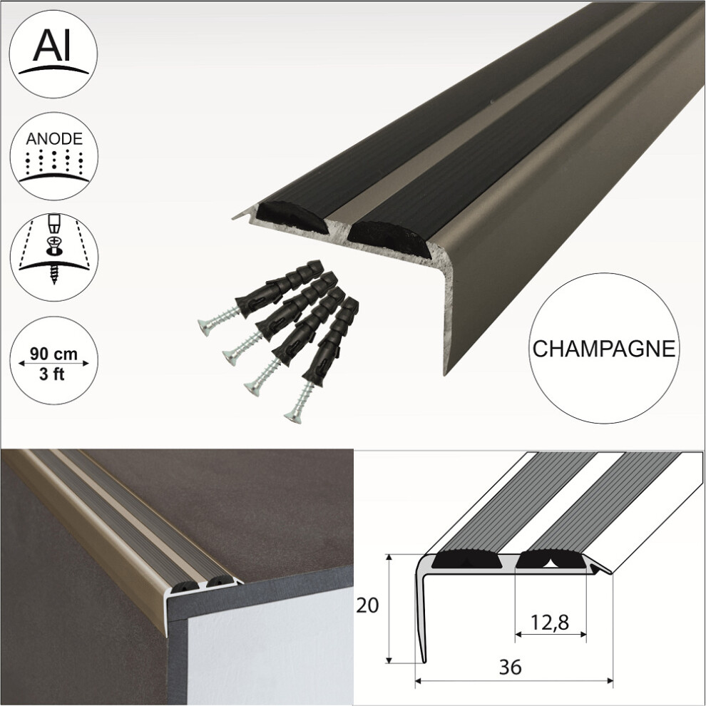 (Champagne With Rubber Insert, 1.8m) A37 Aluminium Non Slip Rubber Stair Nosing Trim