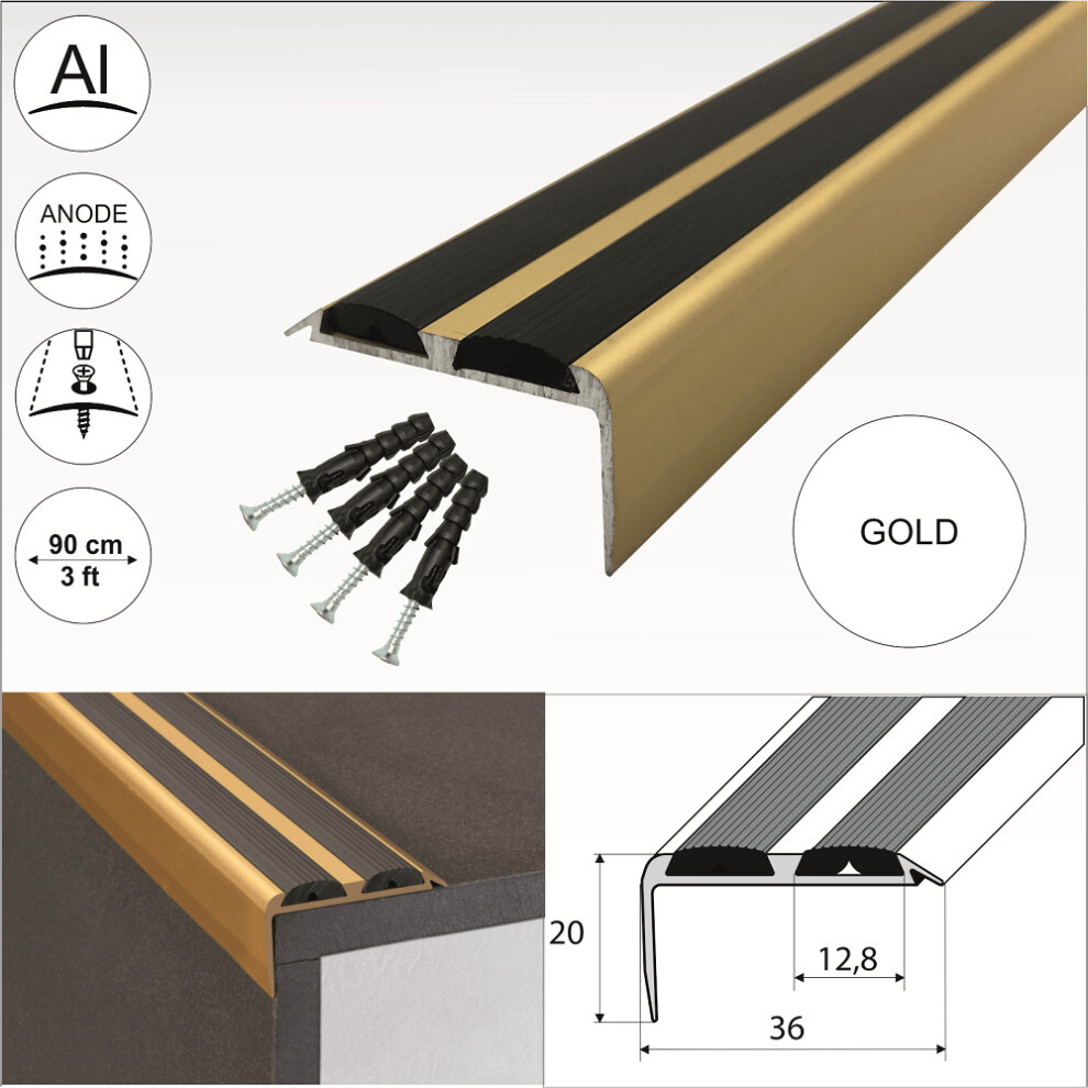 (Gold With Rubber Insert, 0.9m) A37 Aluminium Non Slip Rubber Stair Nosing Trim