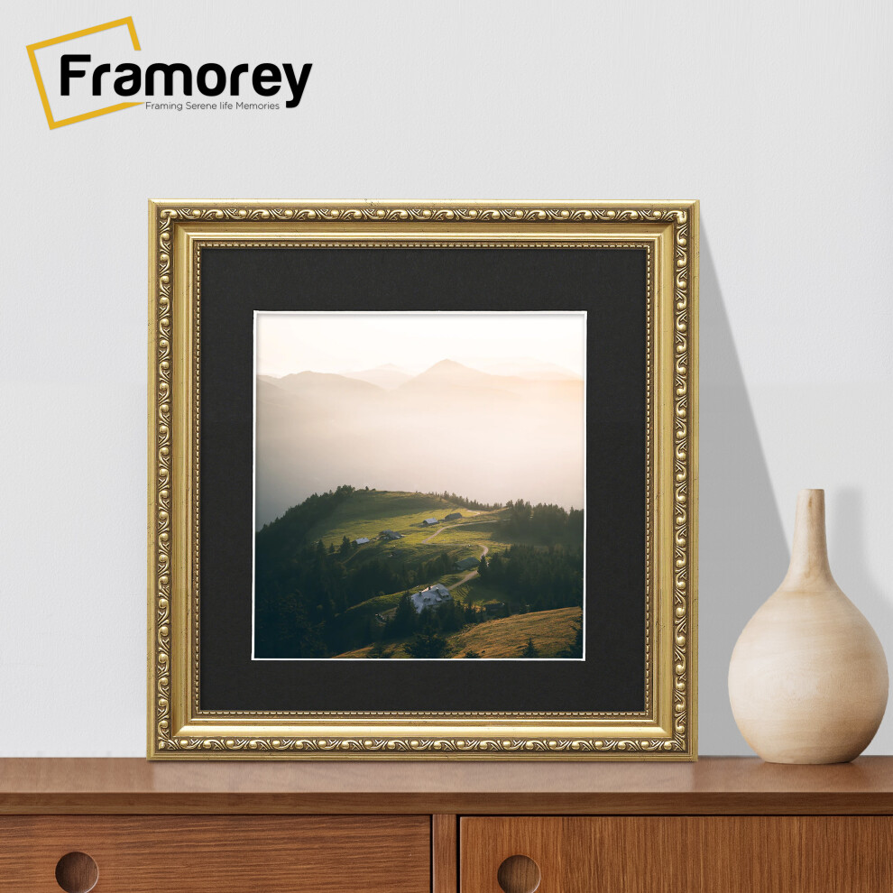(Gold With Black Mount, 8x8" Pic (10x10" Frame)) Square Size Gold Picture Frame, Shabby Style Photo Frames, Wall Hanging Frames, Home Décor Frame With Multicolored Mount