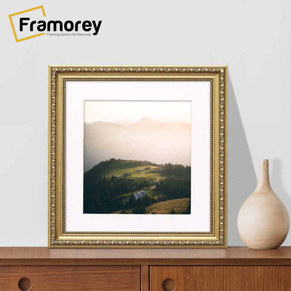 (Gold With White Mount, 6x6" Pic (8x8" Frame)) Square Size Gold Picture Frame, Shabby Style Photo Frames, Wall Hanging Frames, Home Décor Frame With Multicolored Mount