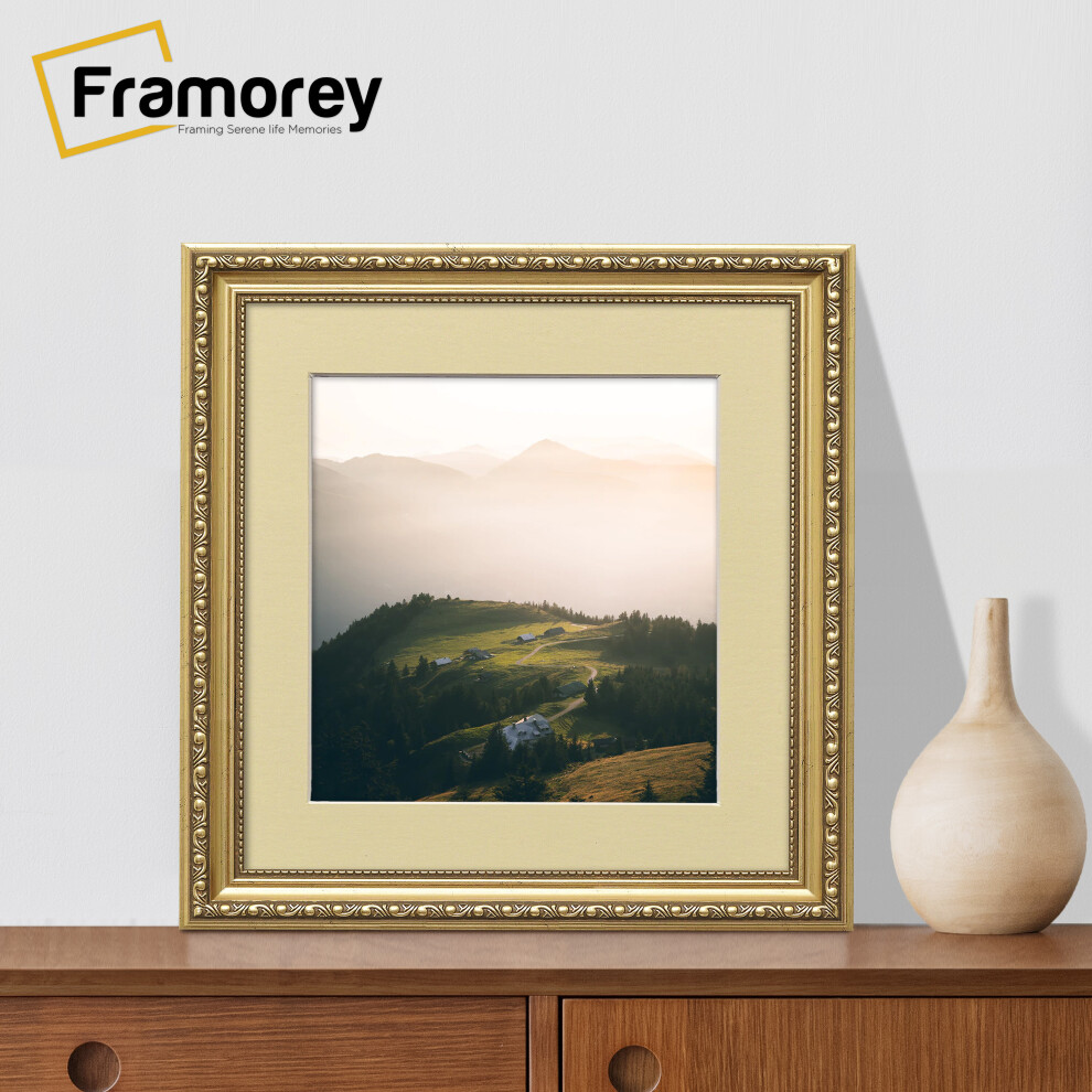 (Gold With Ivory Mount, 7x7" Pic (9x9" Frame)) Square Size Gold Picture Frame, Shabby Style Photo Frames, Wall Hanging Frames, Home Décor Frame With Multicolored Mount