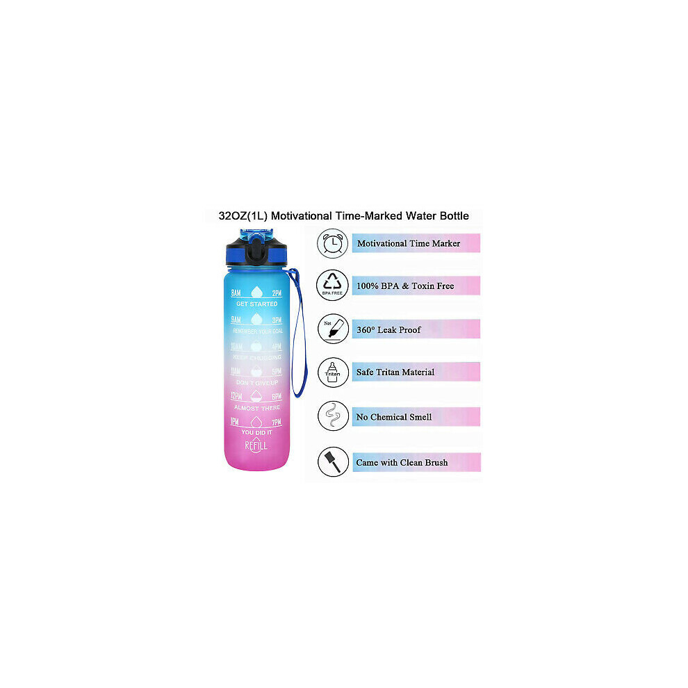 (Blue Purple) 1L Sports Water Bottle Gym Travel Drinking Leakproof Bottle With Straw