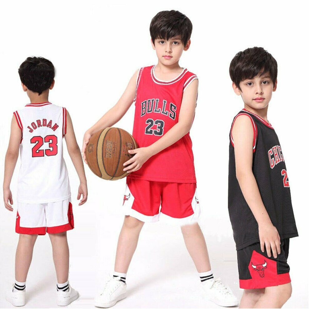 (Red Bulls Jordan Jersey, M(8-9 Year)) Kids Basketball Kit Training Suit Shorts Shirt