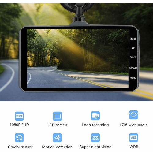 4" Car Camera Recorder Dual Front and Rear 1080P Dash Cam Night Vision 2