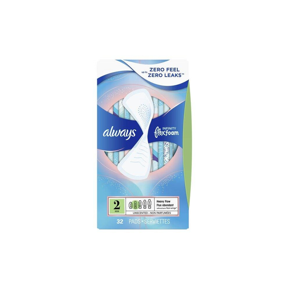 Always Infinity Super Absorbency Sanitary Pads, Wingless, Unscented, Size 2, 32 ct