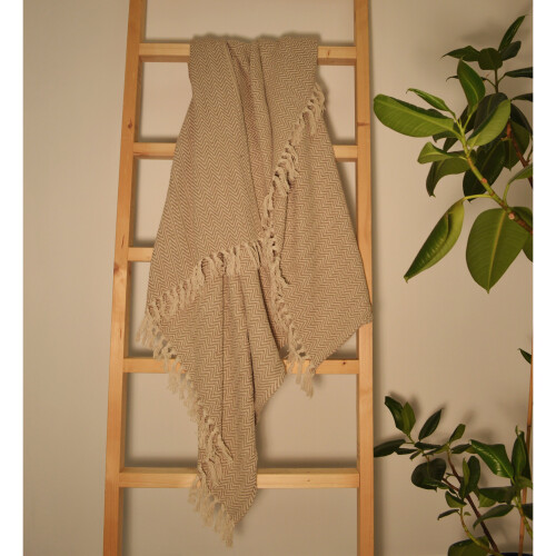 (Beige) Allure Audley Chevron Tasseled Throw Blanket 125 x 150cm 1