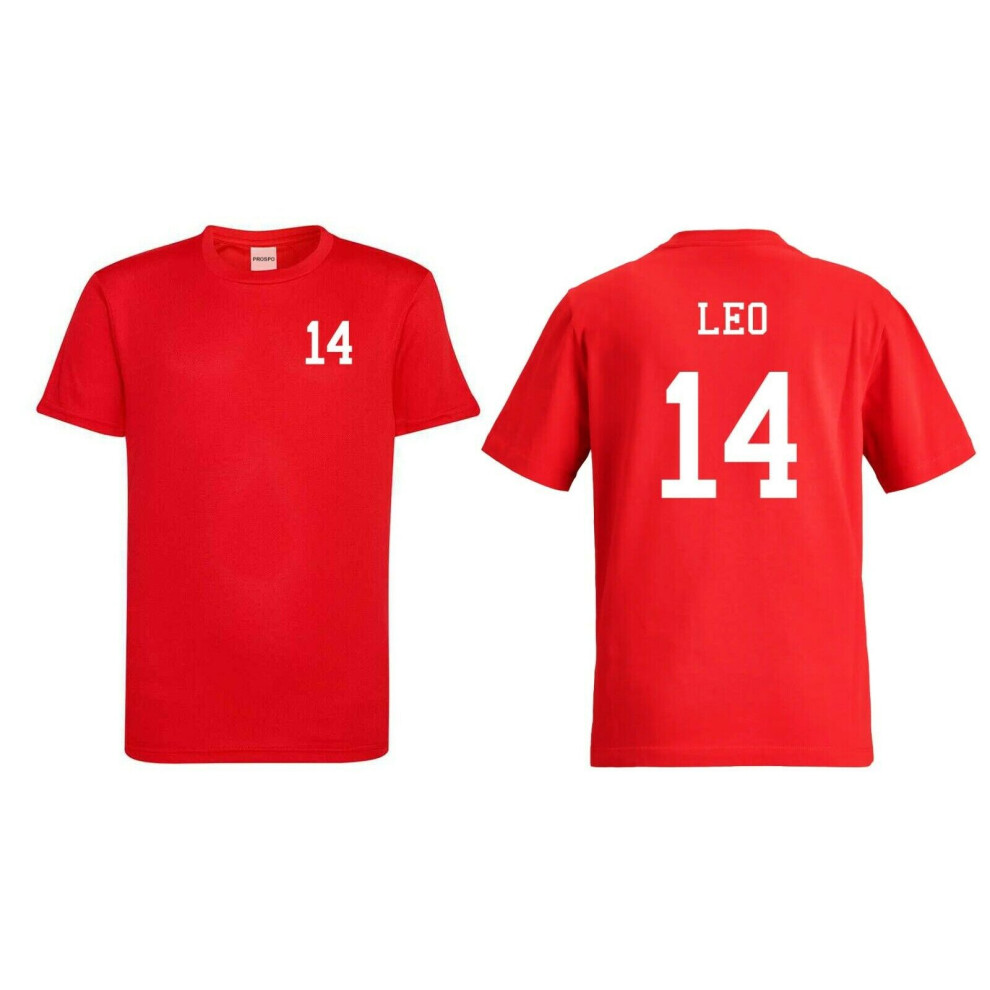 (Fire Red, 5-6 Years) Kids Personalised Sports T-Shirt Customised Printed Varsity Football Team Number