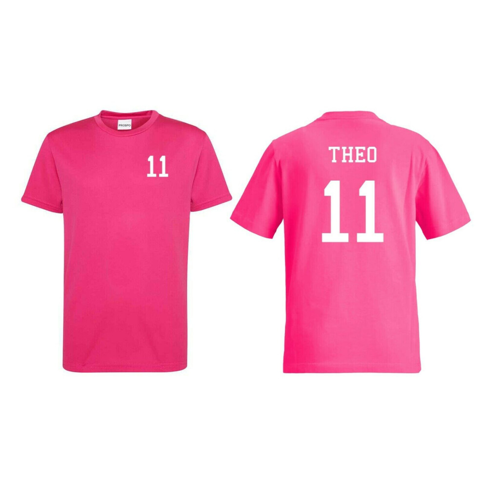 (Hot Pink, 5-6 Years) Kids Personalised Sports T-Shirt Customised Printed Varsity Football Team Number