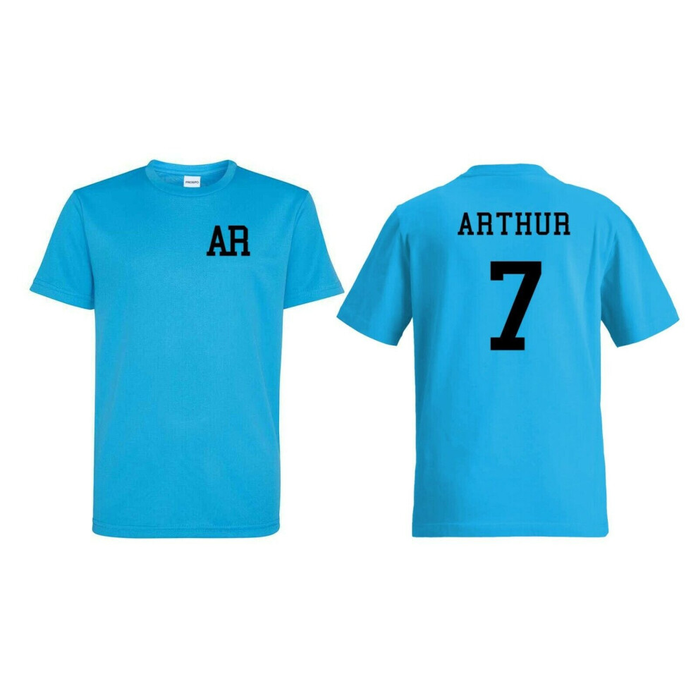 (Sapphire Blue, 7-8 Years) Kids Personalised Sports T-Shirt Customised Printed Varsity Football Team Number