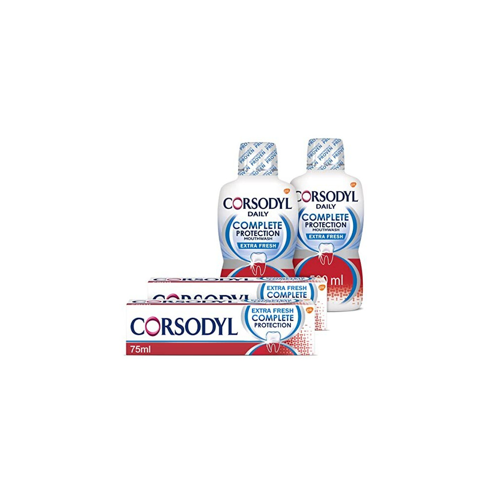 Corsodyl Gum Care Toothpaste And Toothbrush Multipack, Regime Kit (2 x Corsodyl Complete Protection Arctic Mint Mouthwash 500 ml, 2 x Comple