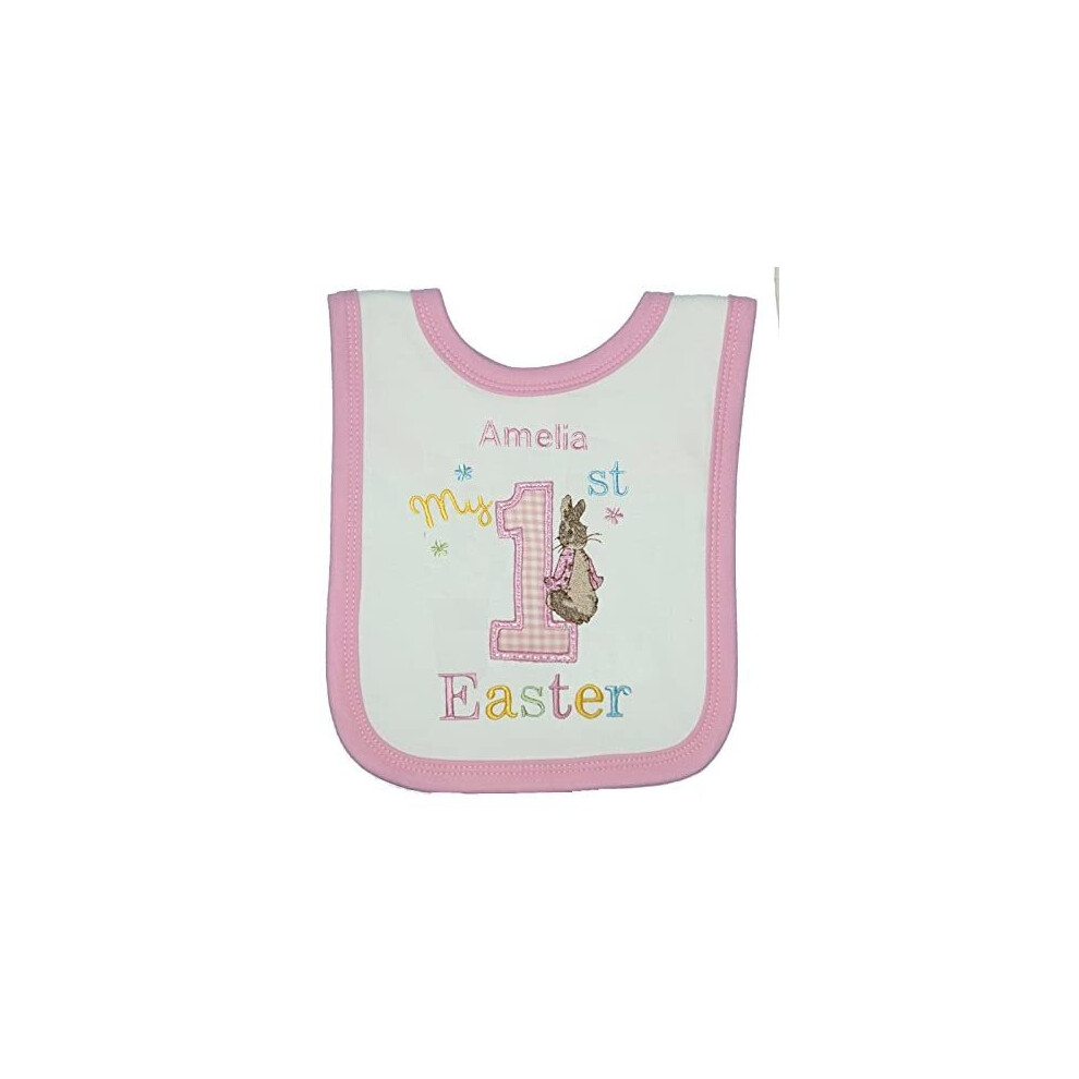 Girls Personalised 1St Peter The Rabbit Easter Bib. ( - Trim) White/Pink Sew Sew Special