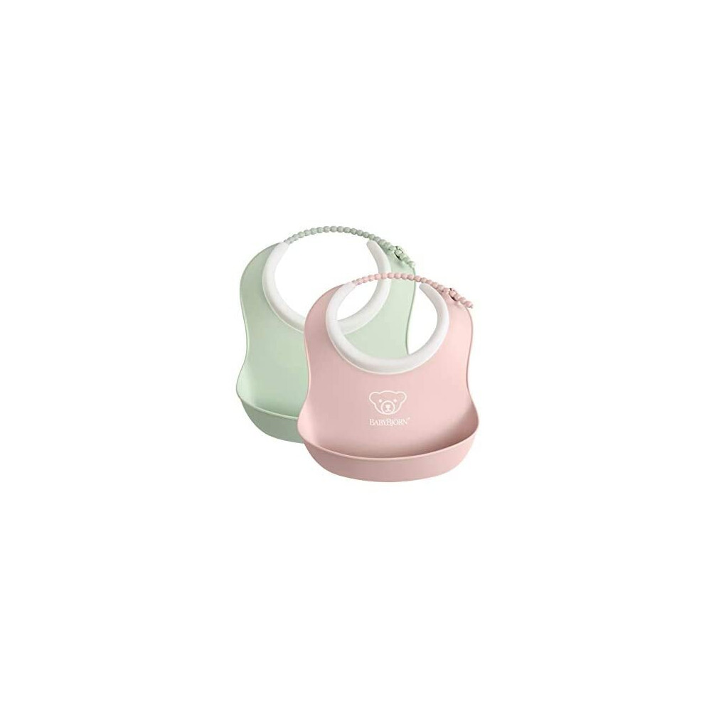 BABYBJÃRN Small Baby Bib 2-pack, Plastic, Powder Green/Powder Pink