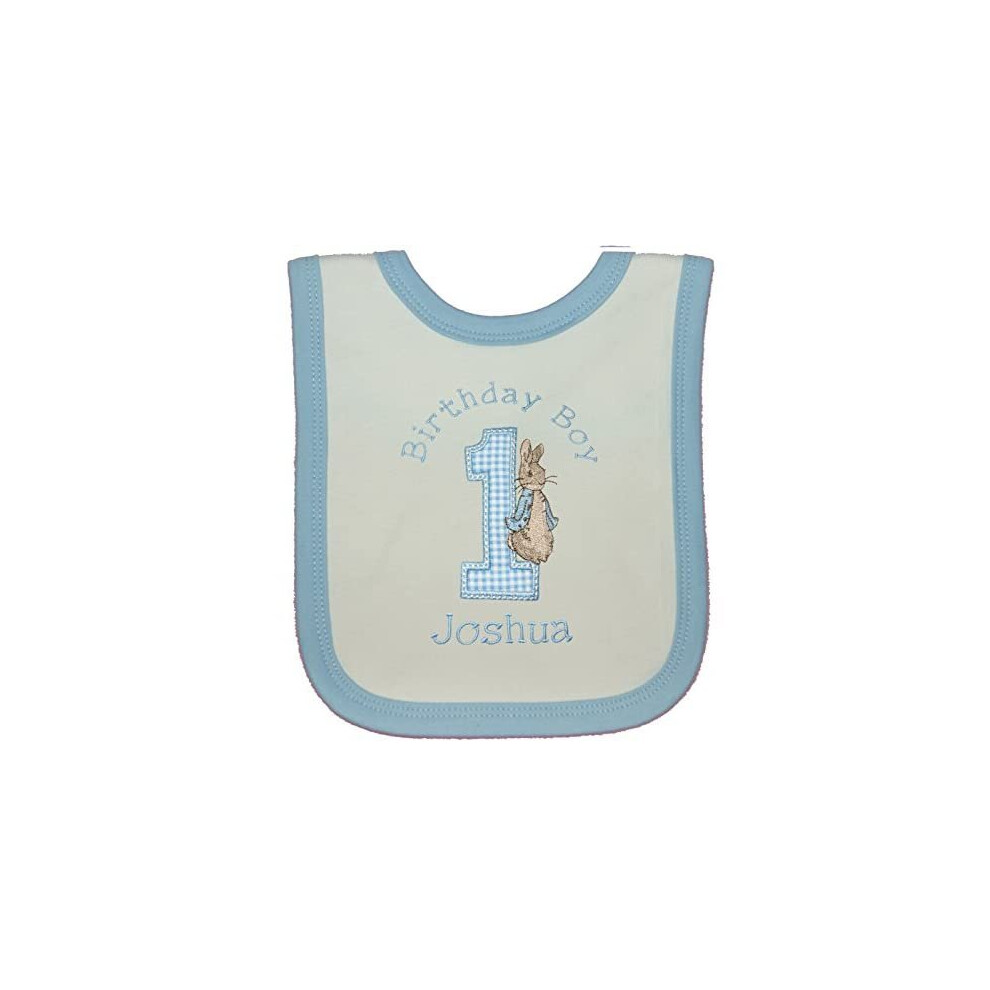 Boy?S Peter The Rabbit Personalised 1St Birthday Bib (Cake Smash). ( With Trim) White/Blue Sew Sew Special