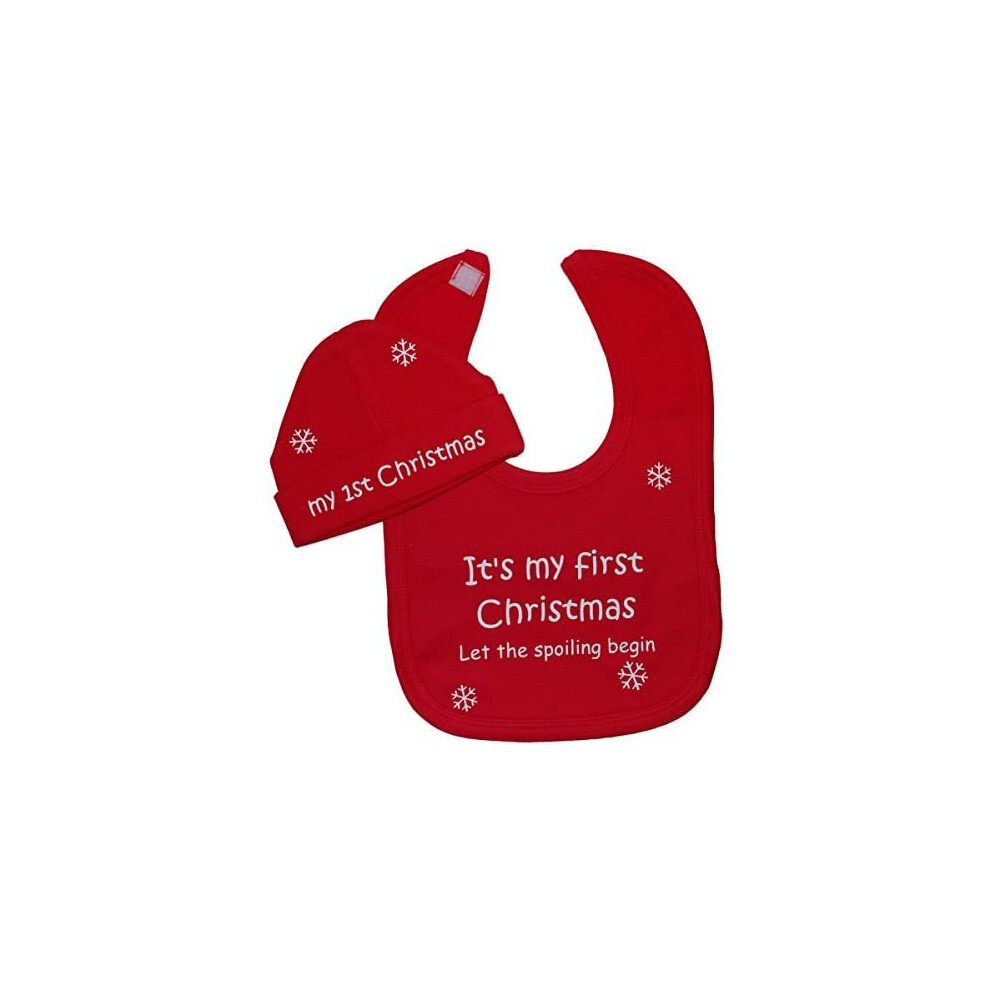 Acce Products It's My First Christmas Let The Spoiling Begin Baby Feeding Bib & Beanie Hat/Cap Set 0 To 12 Months