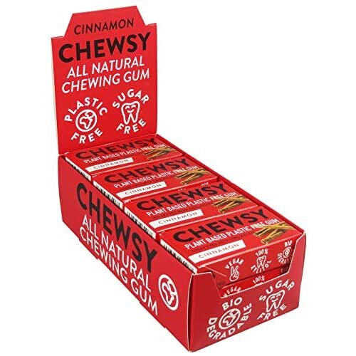 Chewsy Cinnamon | Natural + Plastic-Free Chewing Gum | Sugar-Free + Aspartame-Free | 100% Xylitol + Tooth Friendly | Vegan 15g (Pack of 12,