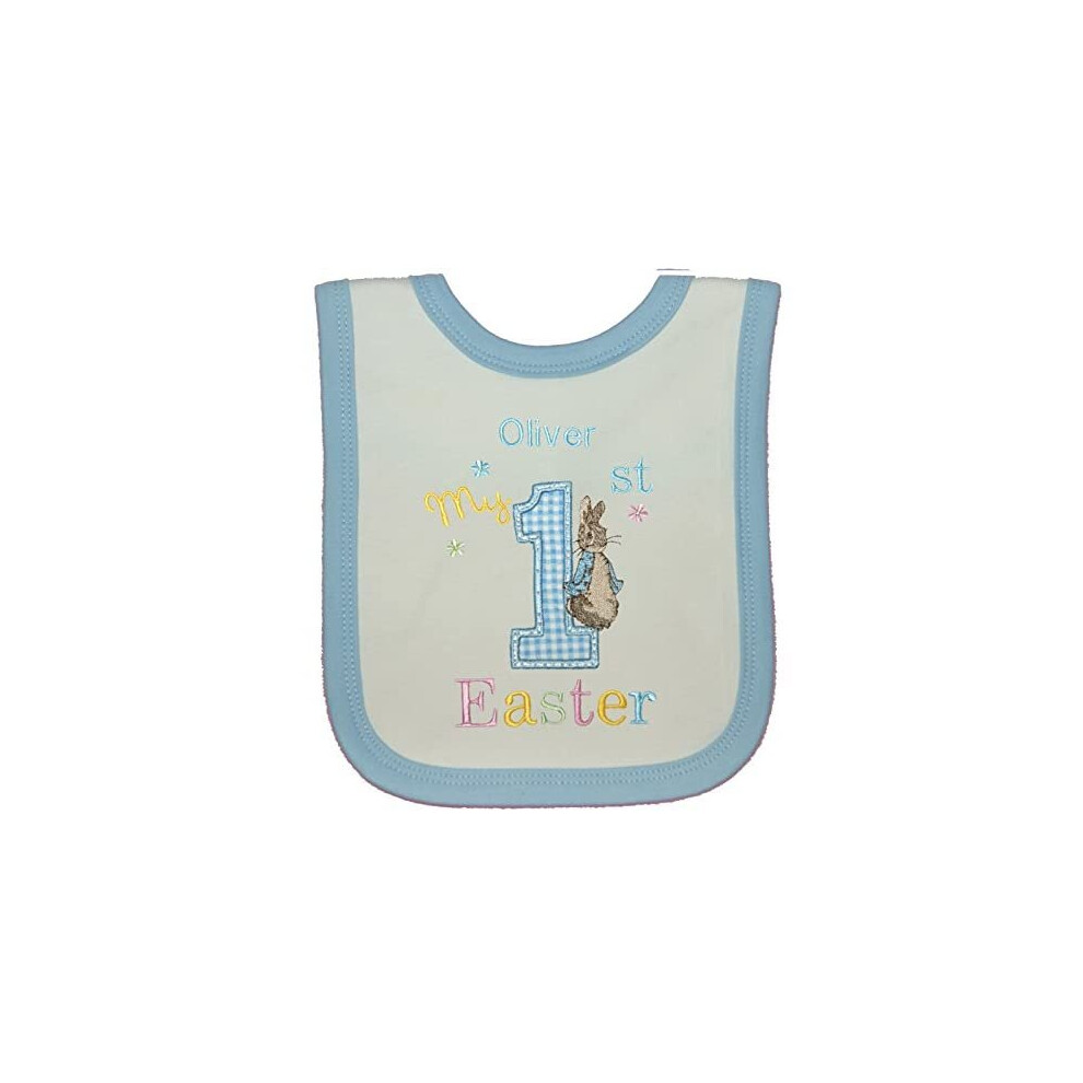 Boy?S Personalised 1St Little Rabbit Easter Bib. (- Trim) White/Blue Sew Sew Special