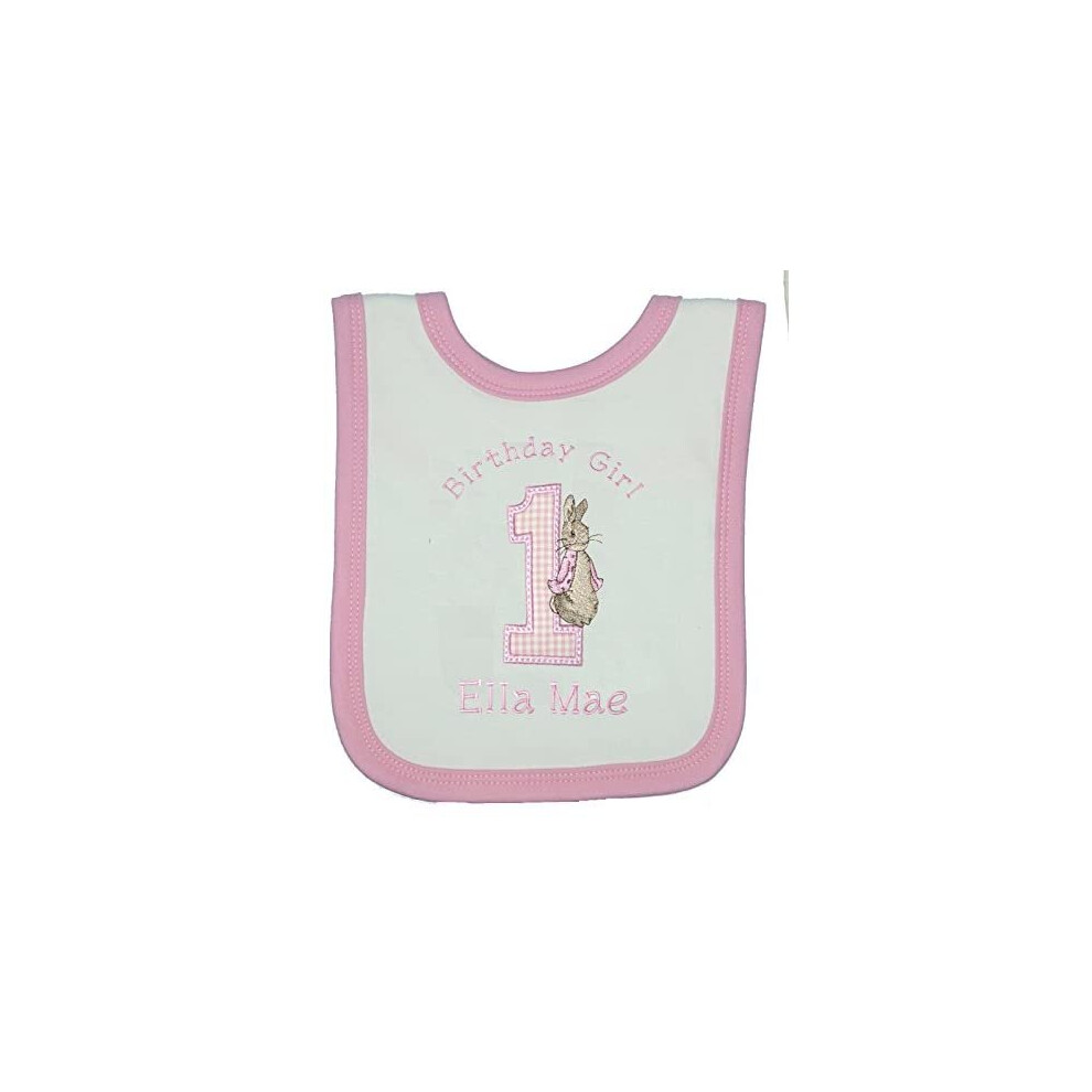 Girls Peter The Rabbit Personalised 1St Birthday Bib (Cake Smash). ( With Trim) White/Pink Sew Sew Special