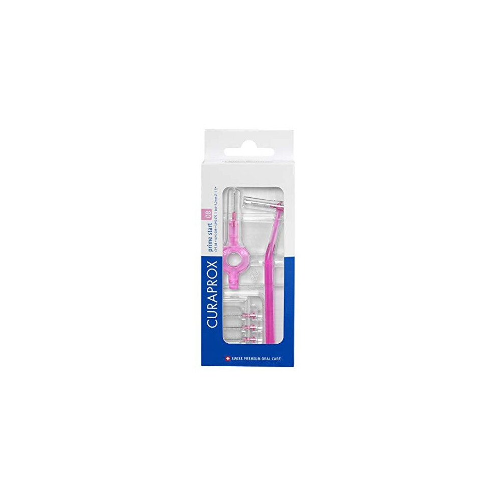 Curaprox Interdental Brush Set CPS 08 Prime Start Starter Set with 5 Brushes, 2 Different Holders, 3.2 mm Efficiency, Pink