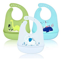 Baogaier Baby Bibs Silicone Toddler Weaning Bib Set of 3 PCS Waterproof Feeding Bib Food Crumb Catcher Pocket for Babies Easy Clean Soft Animal