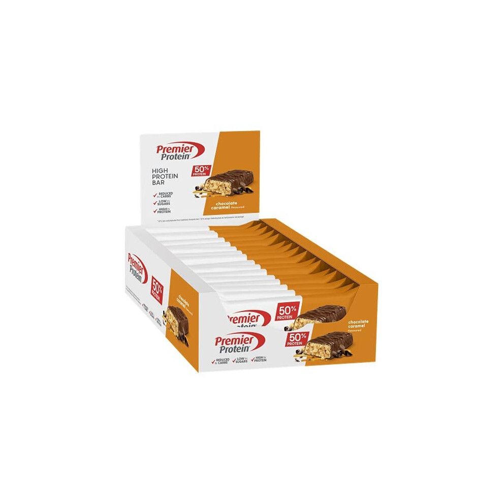 Premier Protein High Protein Bar Chocolate Caramel 16x40 g - High Protein Low Sugar + Palm Oil Free