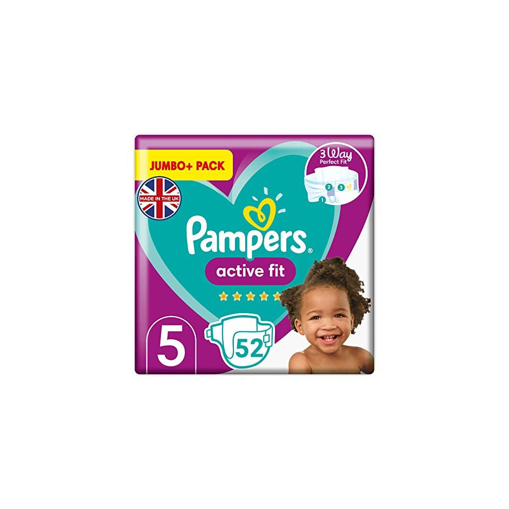 Pampers Baby Nappies Size 5 (11-16 kg / 24-35 lbs), Active Fit, 52 Count, JUMBO+ PACK, 360 Degree Comfort Fit