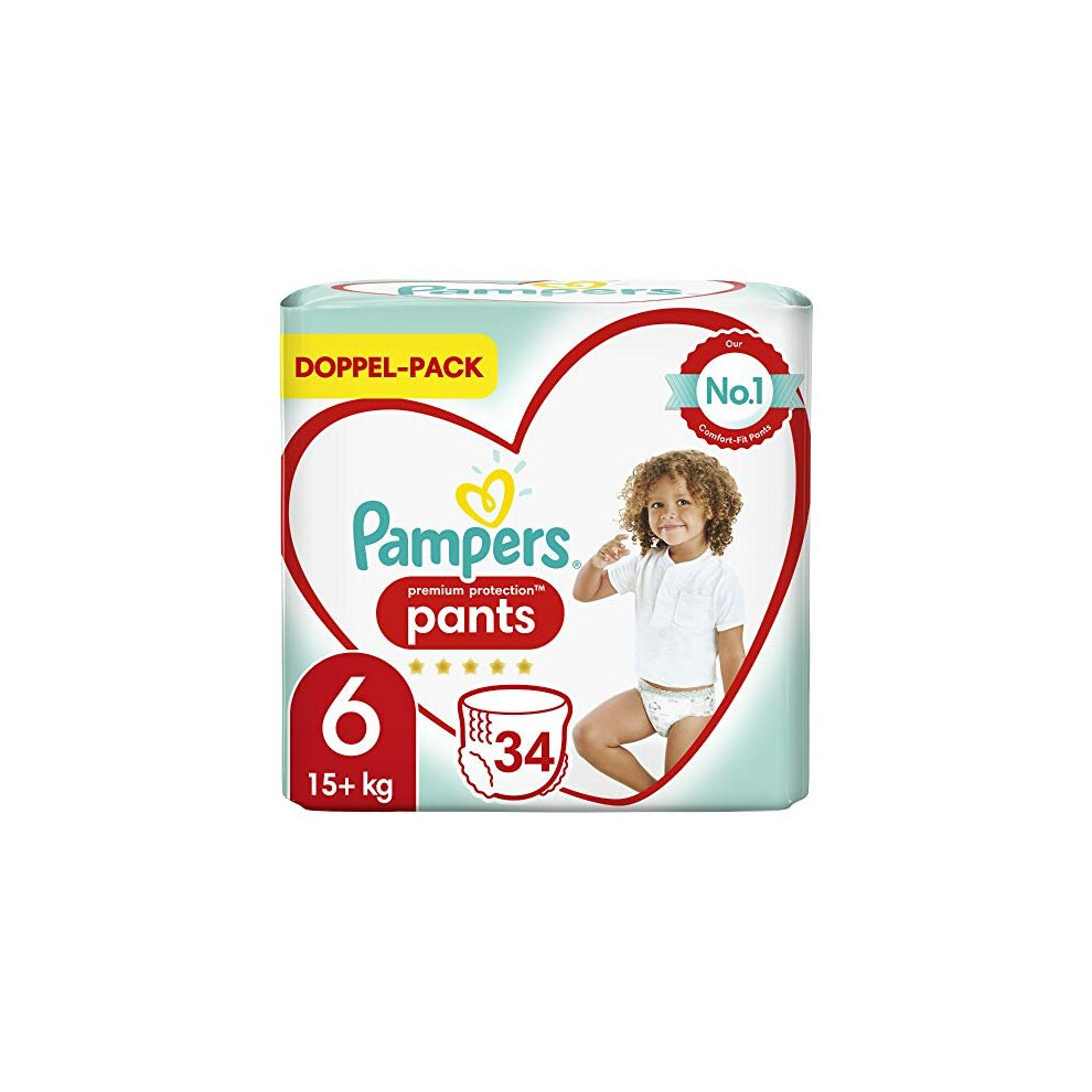 Pampers Premium Protection Pants Size 6, 34 Pants Nappies, 15 kg+, Comfort and Protection with Pampers Pants for Easy Dressing.