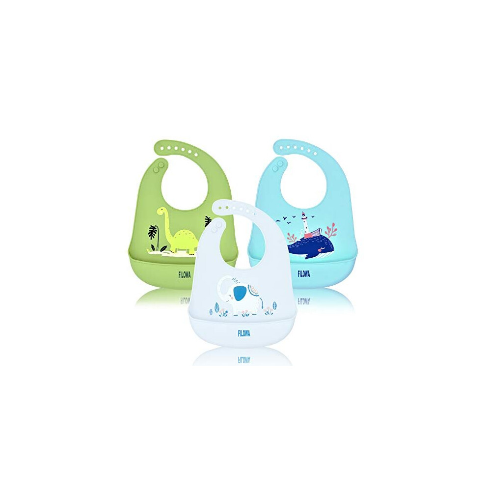 Silicone Bibs For Babies,3 Pcs Baby Weaning Silicone Bibs Feeding Waterproof Wide Food Crumb Soft Catcher Wipeable Adjustable Bib For Tod Filowa