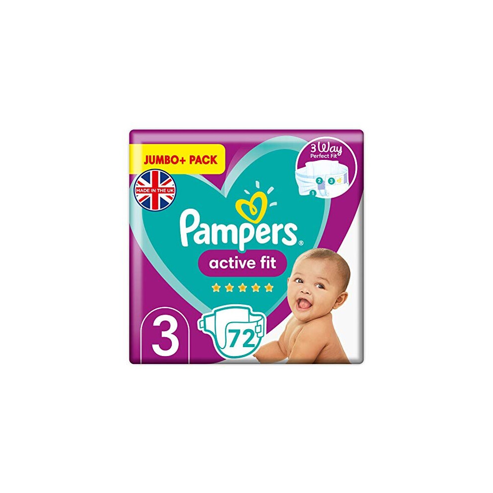 Pampers Baby Nappies Size 3 (12-17 kg / 26-37 lbs), Active Fit, 72 Count, JUMBO+ PACK, 360 Degree Comfort Fit