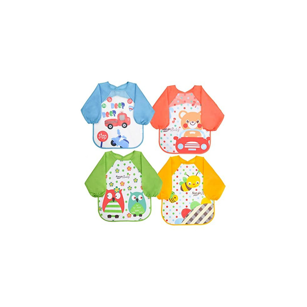 Vicloon Bibs with Sleeves, 4 Pcs EVA Baby Bib Waterproof Long Sleeve Bib Unisex Feeding Bibs Apron Lovely Cute Cartoon Bibs for Infant Toddler 6