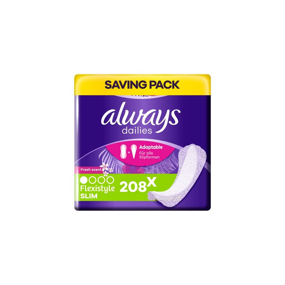 Always Dailies Panty Liners, Flexistyle, Slim, 208 Liners (26 x 8 Packs), SAVING PACK, Odour Neutraliser, Soft & Discreet