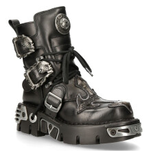 (42) NEW ROCK 407-S1 Silver Cross Black Leather Shoes