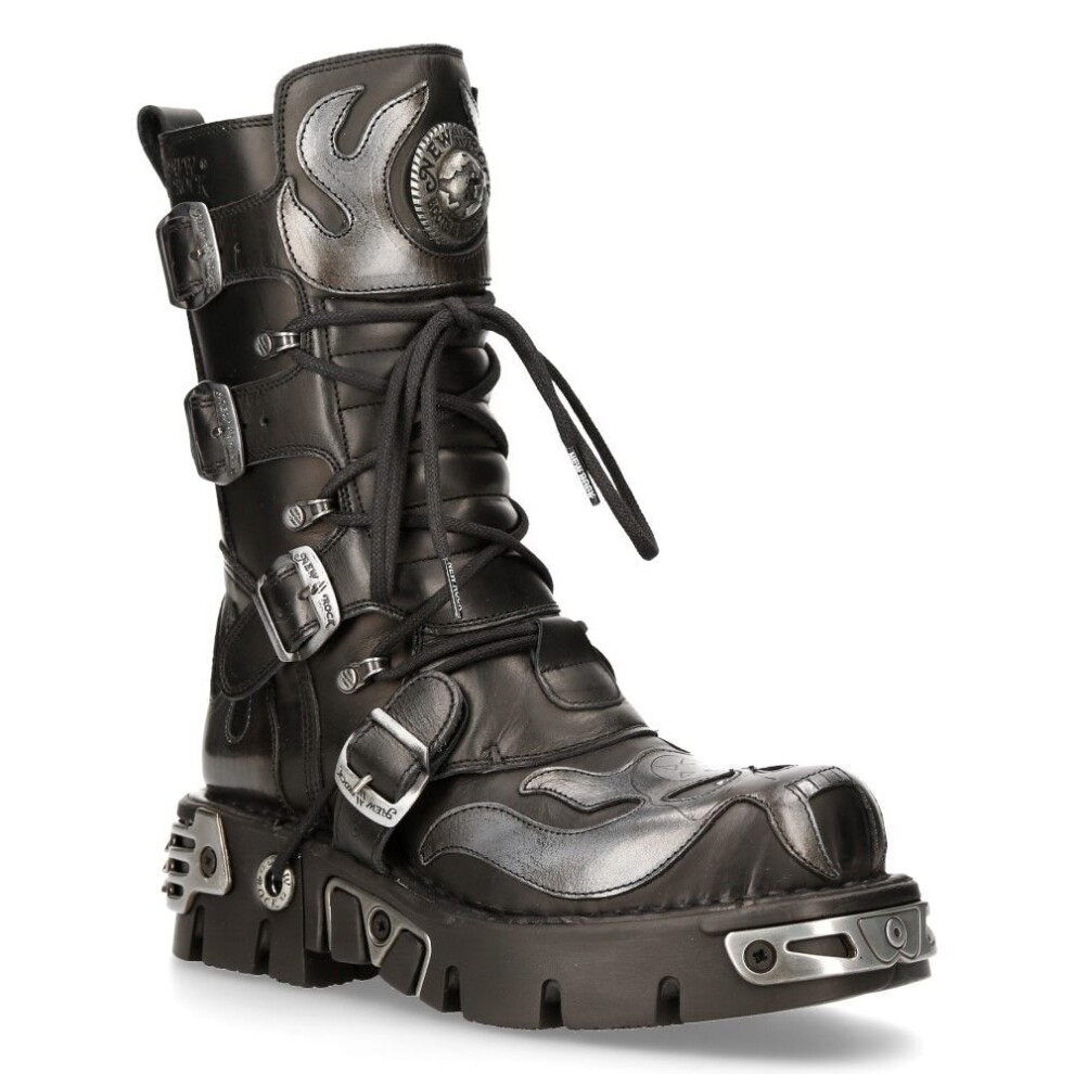 (46) New Rock 107-S2 Black/Silver Gothic Leather Boots