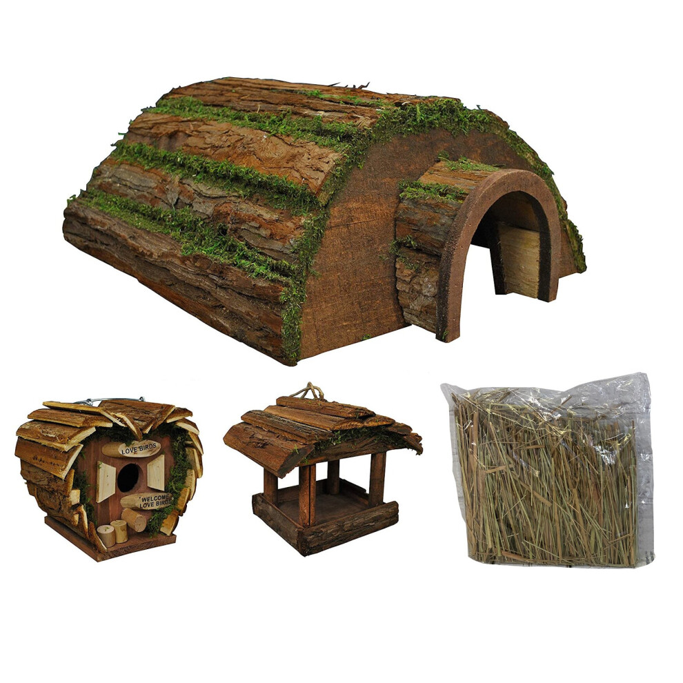 Wooden Hedgehog Hogitat with Birdhouse, Hanging Feeder & Nesting Straw
