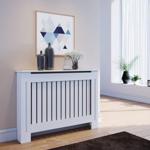 H 82 x W 111 x D 19 cm Radiator Cover Cabinet White MDF Slat Wood