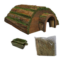Wooden Hedgehog House With Ceramic Food & Water Dish Set & Straw