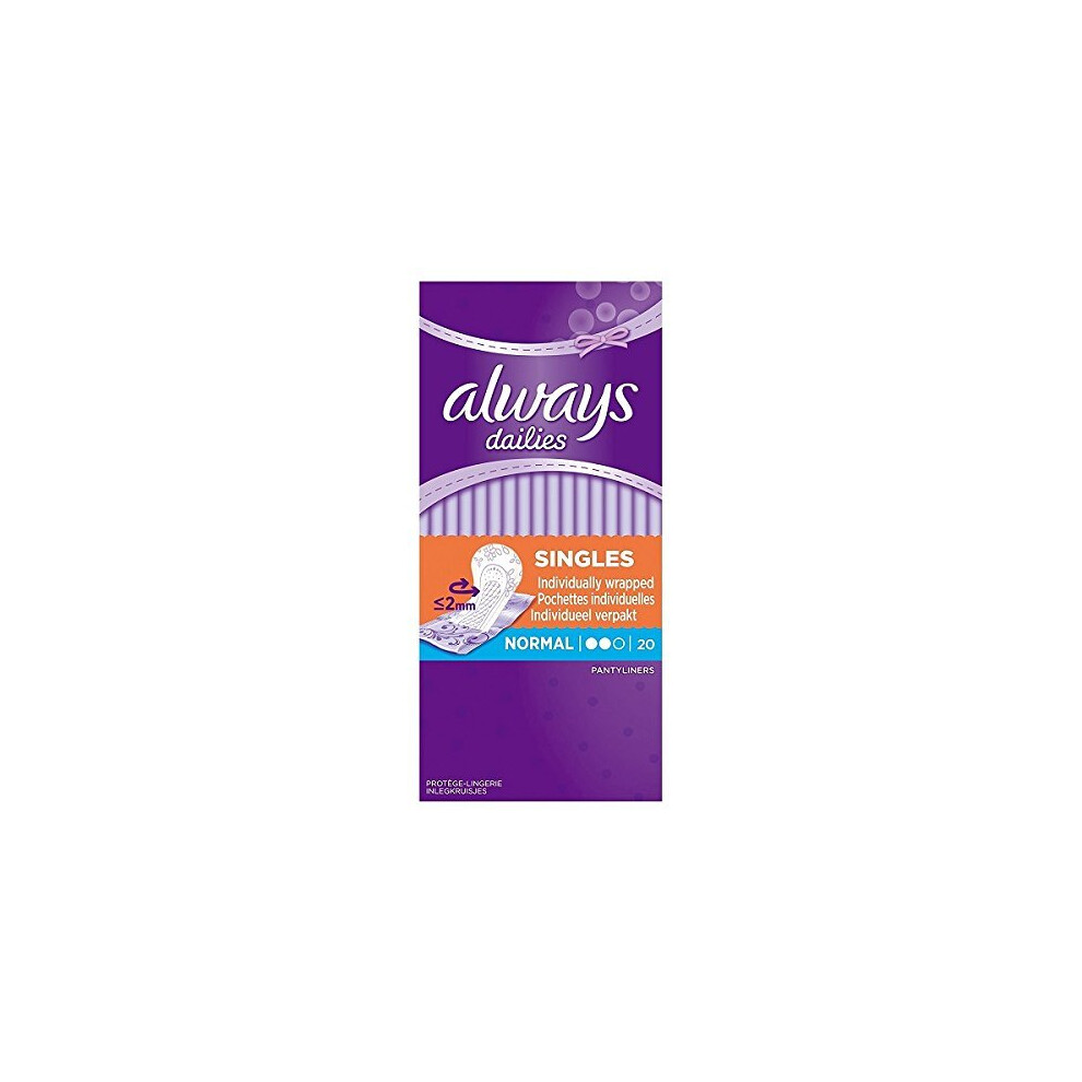 Always Dailies Individually Wrapped Normal Singles Pantyliners, Pack of 6