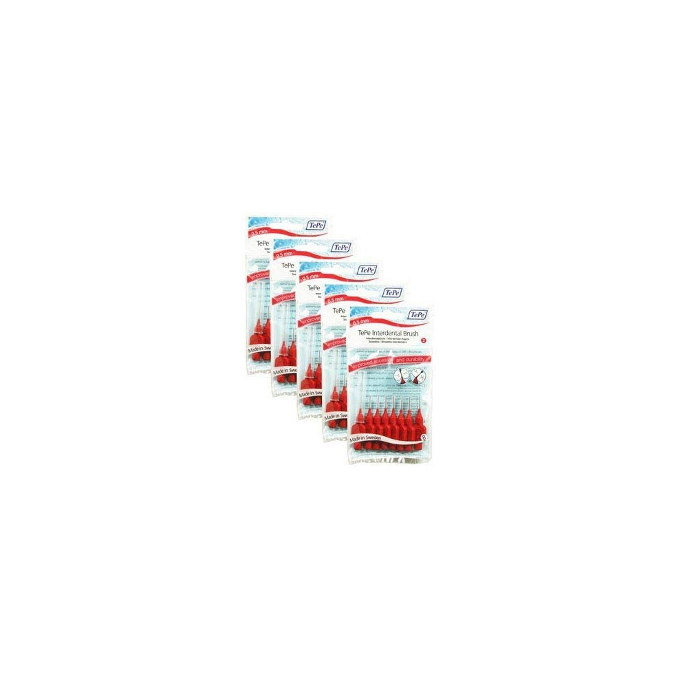 TePe 138230B Plastic Original Interdental Brush, 0.5 mm, Size 2, Red, Total 40, Pack of 5