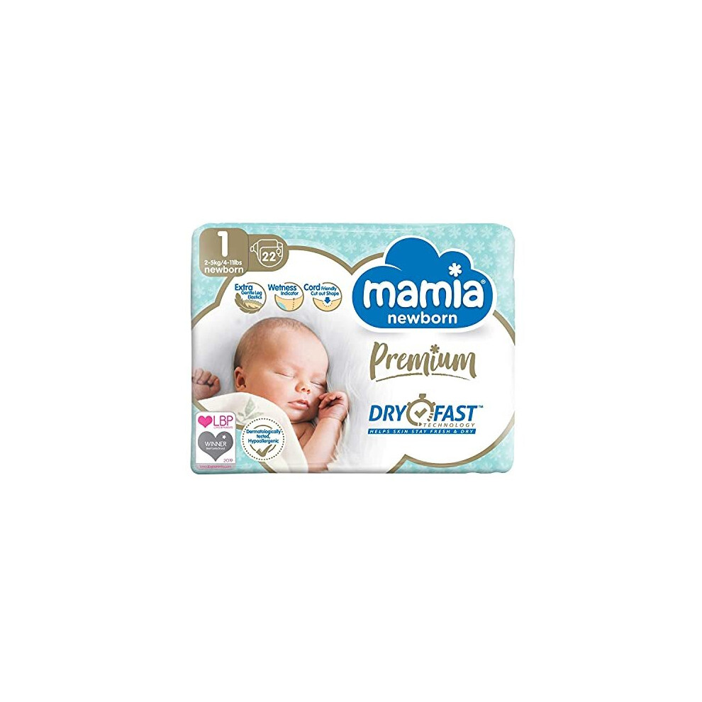 Premium ALDI Mamia Newborn Nappies, Size 1, (22 Nappies) Dry Fast Technology