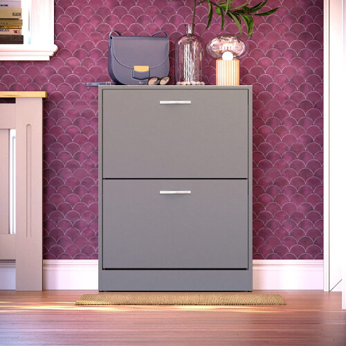 Vida Designs (Grey) 2 Drawer Shoe Cabinet Pull Out Hallway Storage 1