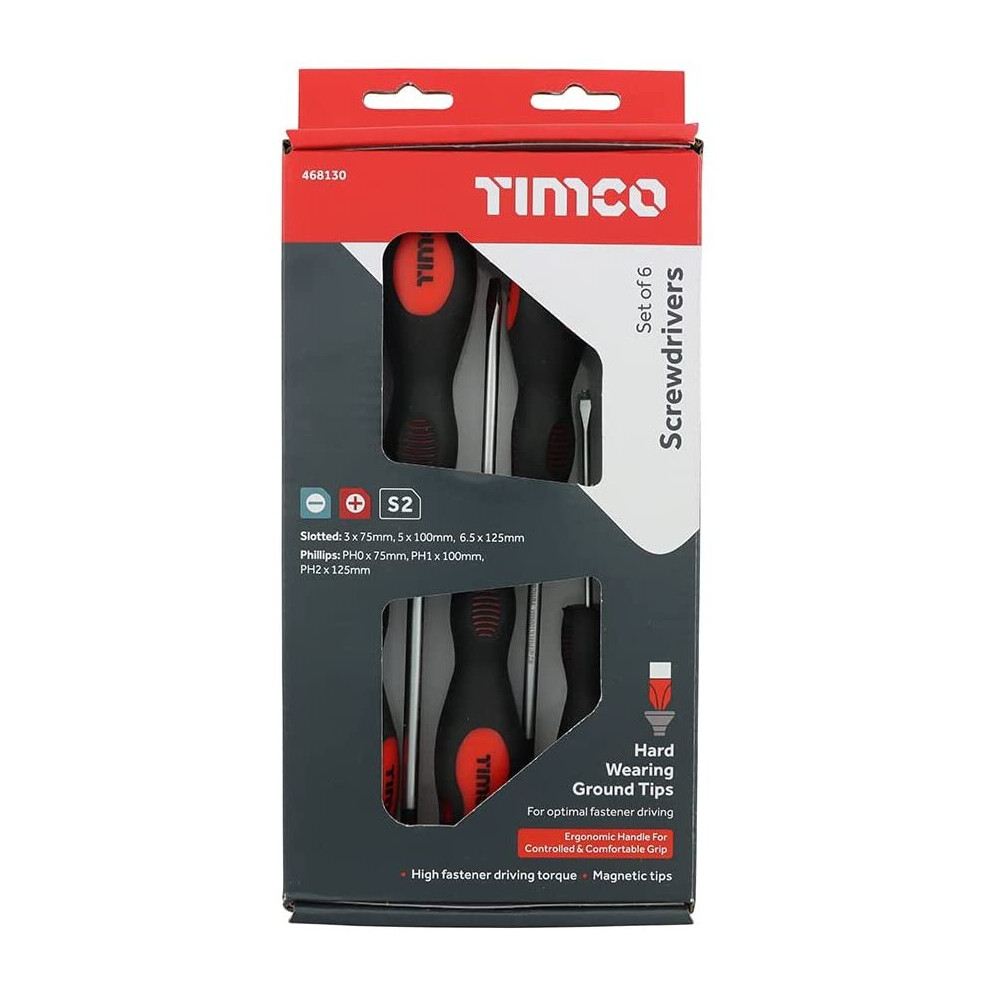 TIMCO Screwdriver Set - Assorted Sizes - 6 Screwdrivers - Ergonomic Handles for an Extra Soft Grip - Magnetic Tips to Assist...