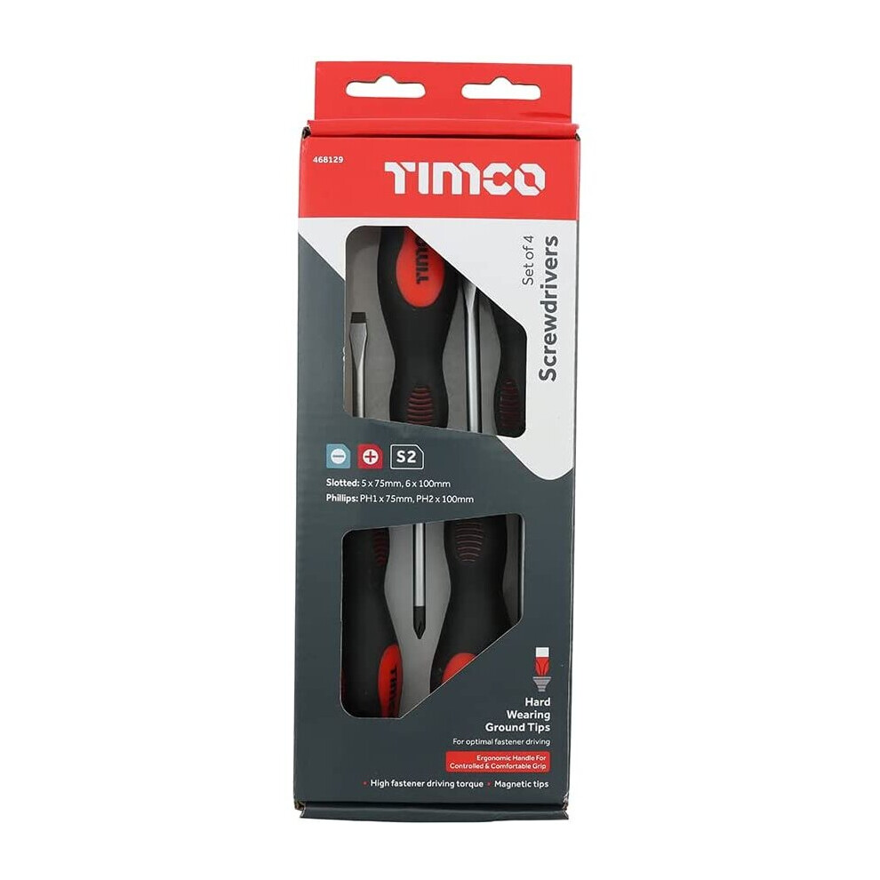 TIMCO Screwdriver Set - Assorted Sizes - 4 Screwdrivers - Ergonomic Handles for an Extra Soft Grip - Magnetic Tips to Assist...