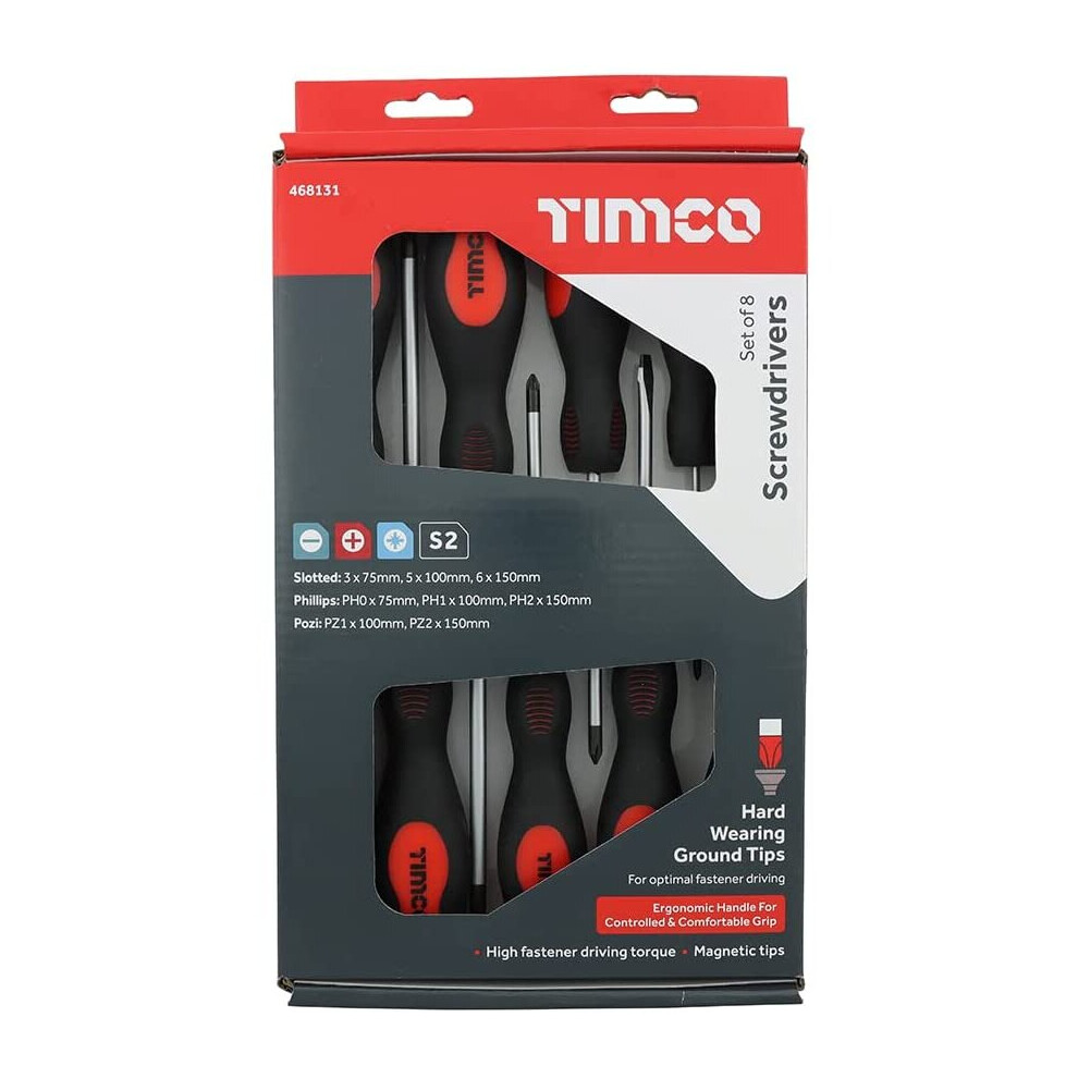 TIMCO Screwdriver Set - Assorted Sizes - 8 Screwdrivers - Ergonomic Handles for an Extra Soft Grip - Magnetic Tips to Assist...