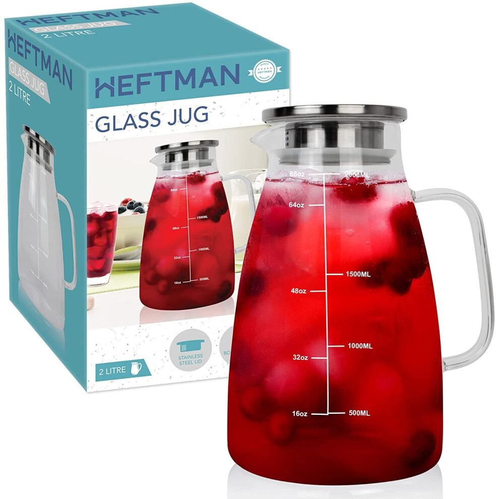 HEFTMAN 2 Litre Glass Jug with Lid - Water Jug Made of Heat Resistant Borosilicate, Pitcher Jug for Iced Tea, Juice, Milk,...