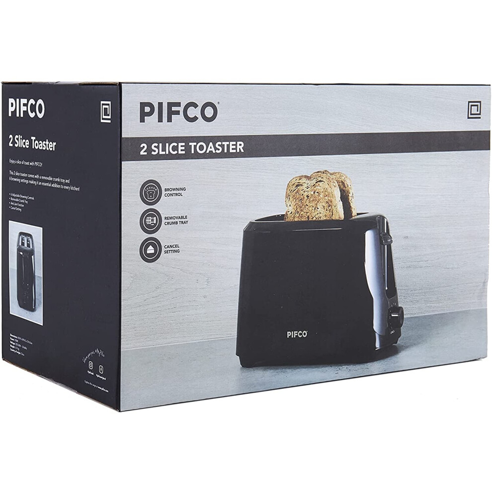 Pifco 700W 2-Slice Toaster, (Hj8u) - Self-Centring, 6 Browning Settings, Defrost/Reheat/Cancel, High Lift, Removable Crumb Tray Black
