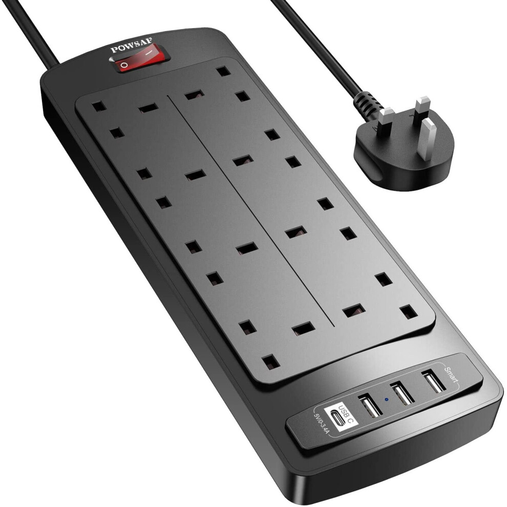 Extension Lead with 4 USB Slots (3.4A, 1 Type C and 3 USB-A Ports) ,POWSAF Power Strip Surge Protector with 8 way plug...