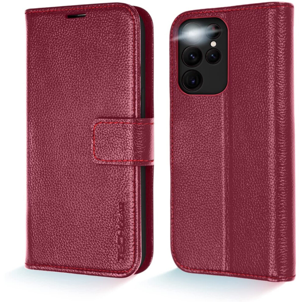 Techgear Galaxy S22 Ultra Leather Wallet Case, Genuine Leather Magnetic Flip [Rfid Blocking] Case With Shockproof Tpu, Card...