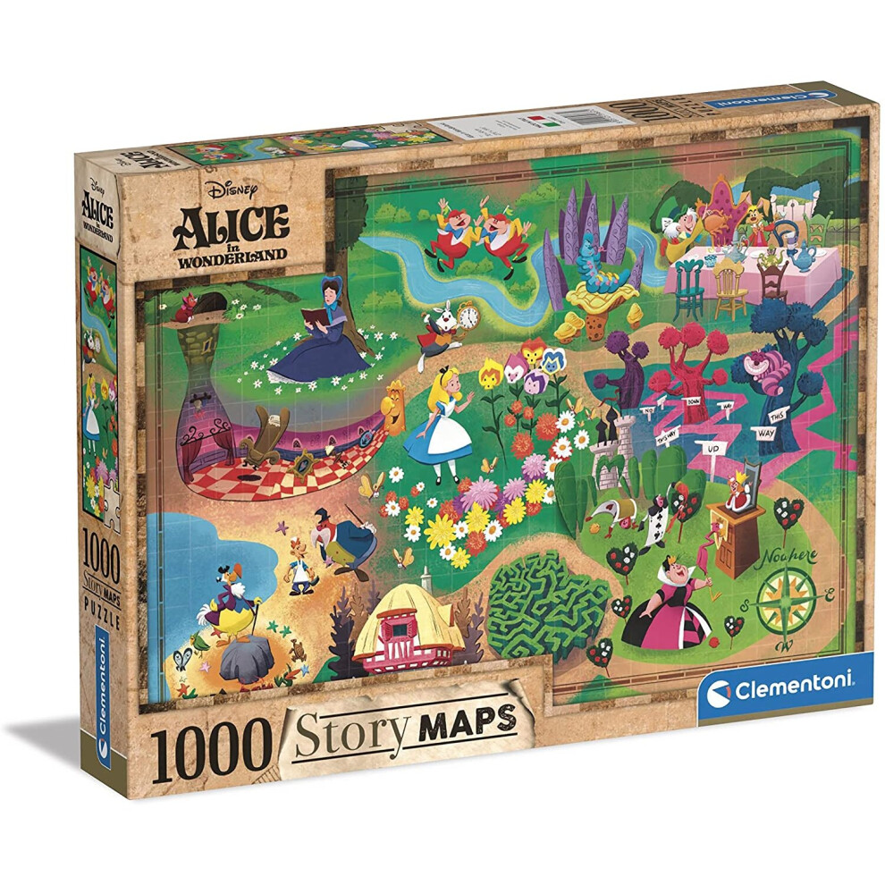 Clementoni 39667 Disney Maps Alice in Wonderland 1000 Pieces, Made in Italy, Jigsaw Puzzle for Adults, Multicolor, Medium